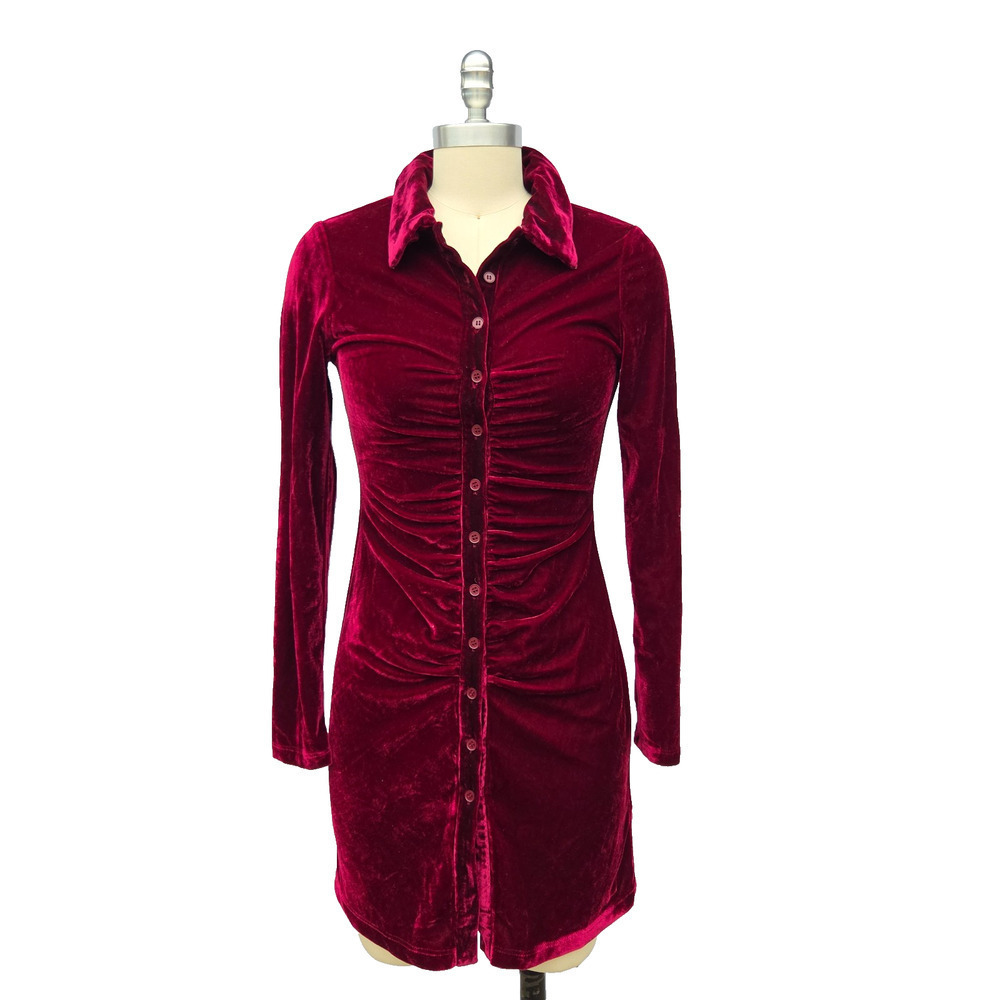 House of Harlow Velvet Mini Shirt Dress Size XS Burgundy Stretch Button Front